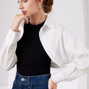 Women Bolero Cardigan Fake Collar Blouse Open Front Cropped Shrug Shirt - Picture 1 of 8