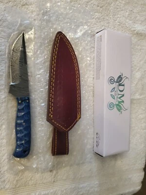  Cuchillo de acero Damasco hoja fija mango color azul 8,25" x 4" funda de cuero Foto 1 de 4