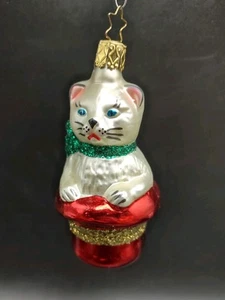 INGE GLAS Germany Vintage Glas Weihnachtsschmuck - weiße Katze im roten Hut süß! - Bild 1 von 8