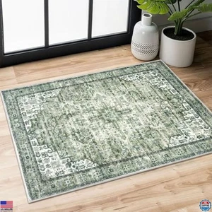 Sage Green Washable 2x3 Area Rug, Soft Non-Slip Low-Pile Medallion Mat - Picture 1 of 6