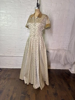 40s 50s Silver Satin Brocade Gown M/L Saks Fifth Avenue - Image 1 of 4