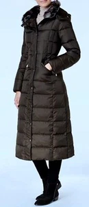 LONDON FOG Faux Fur Trim Hooded Down Green Maxi Coat Parka Jacket NEW Womens S - Picture 1 of 10