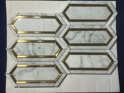 S18 Carrara White/Gold Marble Hexagon Mosaic Tile Kitchen Bathroom, 7 sheets - Image 1 of 4