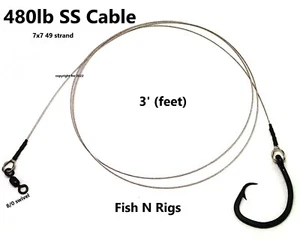 3' Castable Shark Fishing Leader Rig ~ Mustad 10/0 Circle 4x Hook 480lb Cable 💸 - Picture 1 of 13