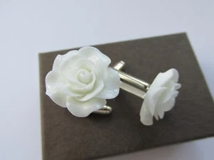 Stylish White Rose Flower Mens Cufflinks Boxed - Handmade Gift Husband Dad Son - Picture 1 of 11