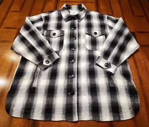 LUCKY BRAND FLANNEL SHIRT JACKET BLACK&WHITE BUFFALO PLAID HEAVYWEIGHT WMS L - Picture 1 of 11