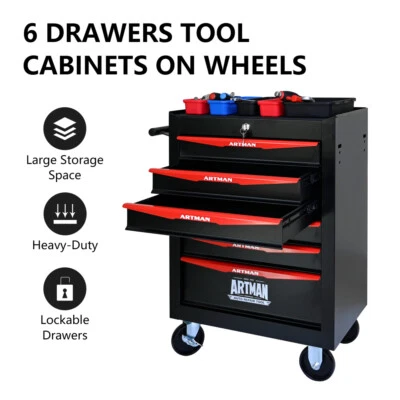 6 Drawer Metal Rolling Tool Box with Wheel Locking Cabinet for WarehouseWorkshop - Image 1 of 4