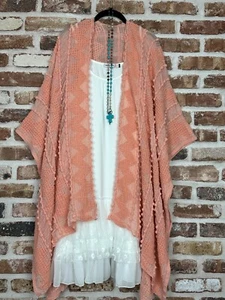 Plus Size Boho Hippie Kimono Tassel Coral Cardigan Duster Kimono Ruana OS S-4x - Picture 1 of 7