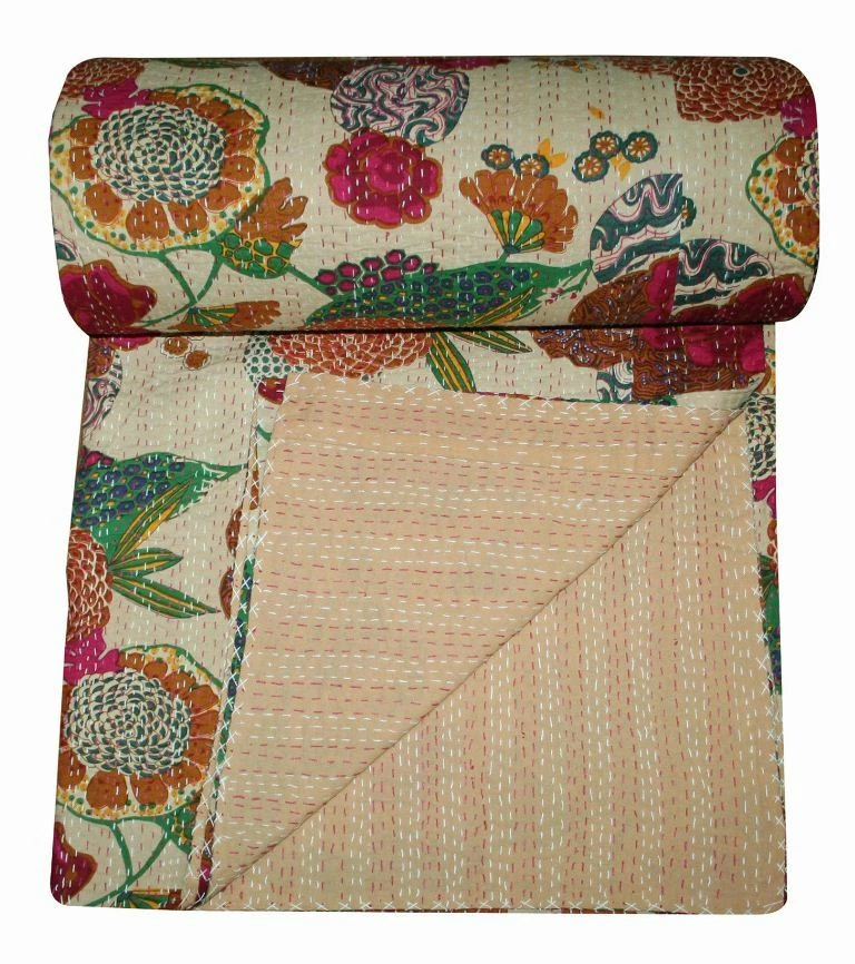 Indian Handmade Floral Print Throw Blanket Bedspread  Cotton Kantha Quilt Throw - Image 1 of 1