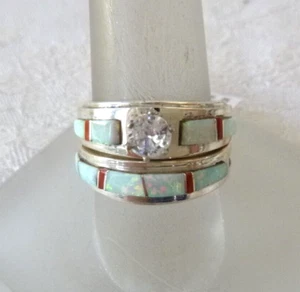 Navajo Wilbert Muskett Inlaid Opal Wedding Ring Set 925 Sterling Silver Sz 7.5 - Picture 1 of 4