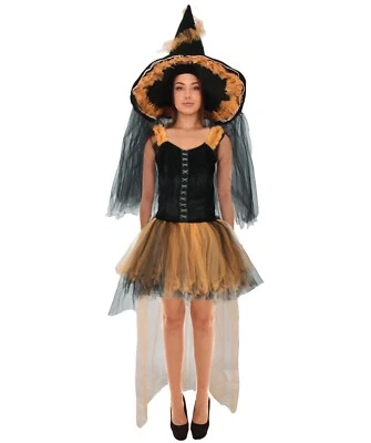Disfraz de bruja naranja negro con falda y sombrero para mujer adulta, HC-1885 Foto 1 de 4