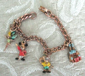 1960s DISNEYLAND SMALL CHARM BRACELET - TINKER BELL, MICKEY, PINOCCHIO, CASTLE - Picture 1 of 1