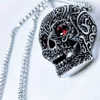 Collar Colgante Calavera Acero Inoxidable 29" Negro/Cromo/Rojo Joya Grande Raro Nuevo Foto 1 de 4