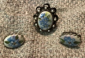 Ring & Earrings Set Glazed Ceramic Porcelain Blue Flowers Green Leaves Clip On - Picture 1 of 6