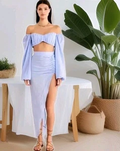 Rumer Revolve Women Camille Linen Top & Skirt Set Blue Large NWT 2 Piece Bundle - Picture 1 of 9