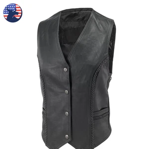 Women's Vintage Black Cowhide Leather Vest Braided Biker Motorcycle Waistcoat - Picture 1 of 6
