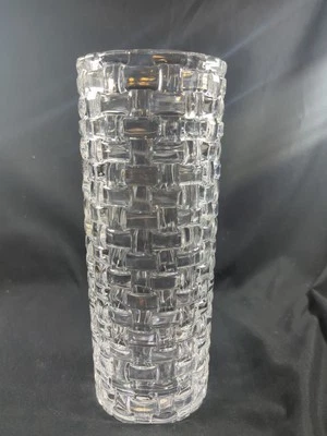 10" Tall Basket Weave Woven Interlaced Design Cylinder Crystal Glass Vase Unique - Image 1 of 4