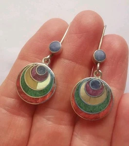 Pendientes colgantes de plata 950 con incrustaciones de lapislázuli, malaquita y madreperla R72J - Imagen 1 de 3