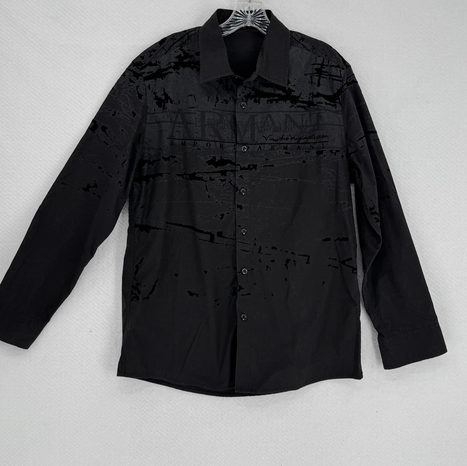 Camisa Emporio Armani Para Hombres Negra Algodón Terciopelo Detalle Manga Larga Botón Talla XL Foto 1 de 4