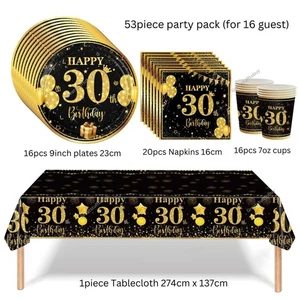 Fiesta 30 Cumpleaños Negro Dorado Platos Tazas Servilletas Mantel Cubiertos Vajilla - Imagen 1 de 7