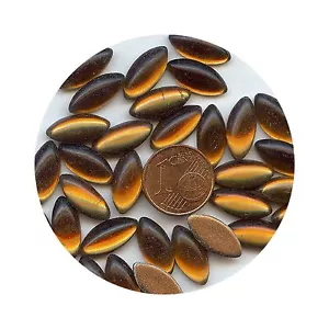 452010 *** 4 ALTE BÖHMISCHES GLAS CABOCHONS OLIV 15x7mm BRAUN - Bild 1 von 2