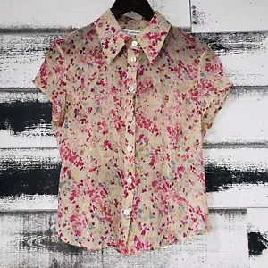 St. John Size 4 100% Silk Cream Pink Abstract Print Button Down Collared Blouse - Picture 1 of 8