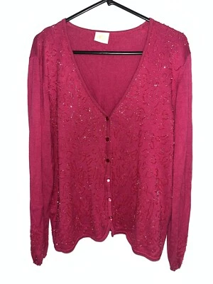 Country Casuals - Pinkish Beaded Button Cardigan-W/Elastic Wrist Accents- Size L - Image 1 of 4