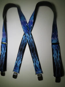Suspendedores estilo X para hombre con clips de llamas azules y broches de gatillo, hechos en EE. UU. - Imagen 1 de 4