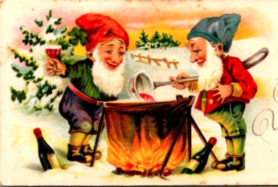 Sweden Elves Gnomes Make Wine in Snow Happy New Year Victorian Greeting Card   - Image 1 of 3