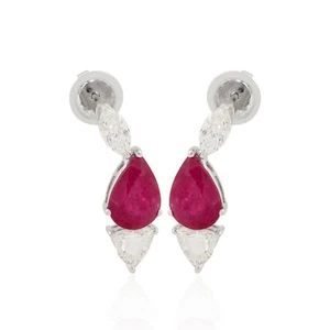 Ruby Pear Gemstone Earrings 14k White Gold SI/H Diamond July Birthstone Gift - Picture 1 of 7