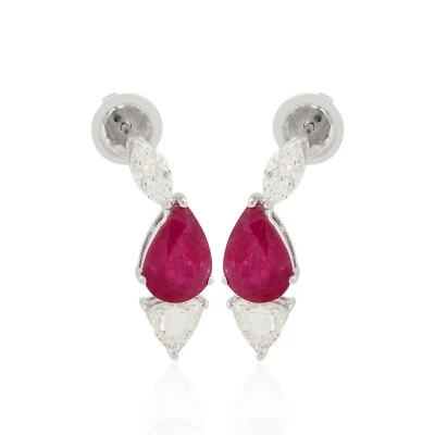 Ruby Pear Gemstone Earrings 14k White Gold SI/H Diamond July Birthstone Gift - Image 1 of 4