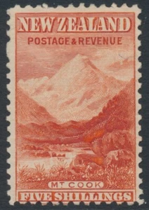 NEW ZEALAND - 1899 5/- vermilion Mt. Cook, no watermark, perf. 11, MH – SG # 270 - Foto 1 di 2