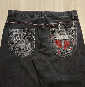 Pantalones de mezclilla vintage Y2K Avirex calavera parca cibernética holgados pierna ancha talla 40x32 - Imagen 1 de 7