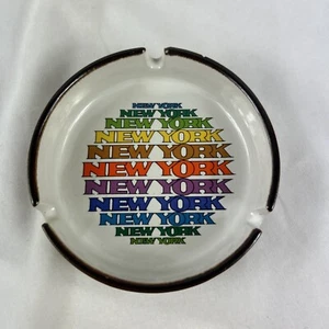 New York New York Ashtray White Ceramic Brown Rim Manhattan PC Multicolor Print - Picture 1 of 8
