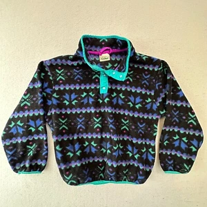 VINTAGE LL Bean Jacket Youth Medium Black Blue Aztec Snowflake Fleece - Picture 1 of 8