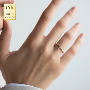 14K REAL Solid Gold Diamond Cross Band Ring Micropavé Genuine Natural Diamond - Picture 1 of 6