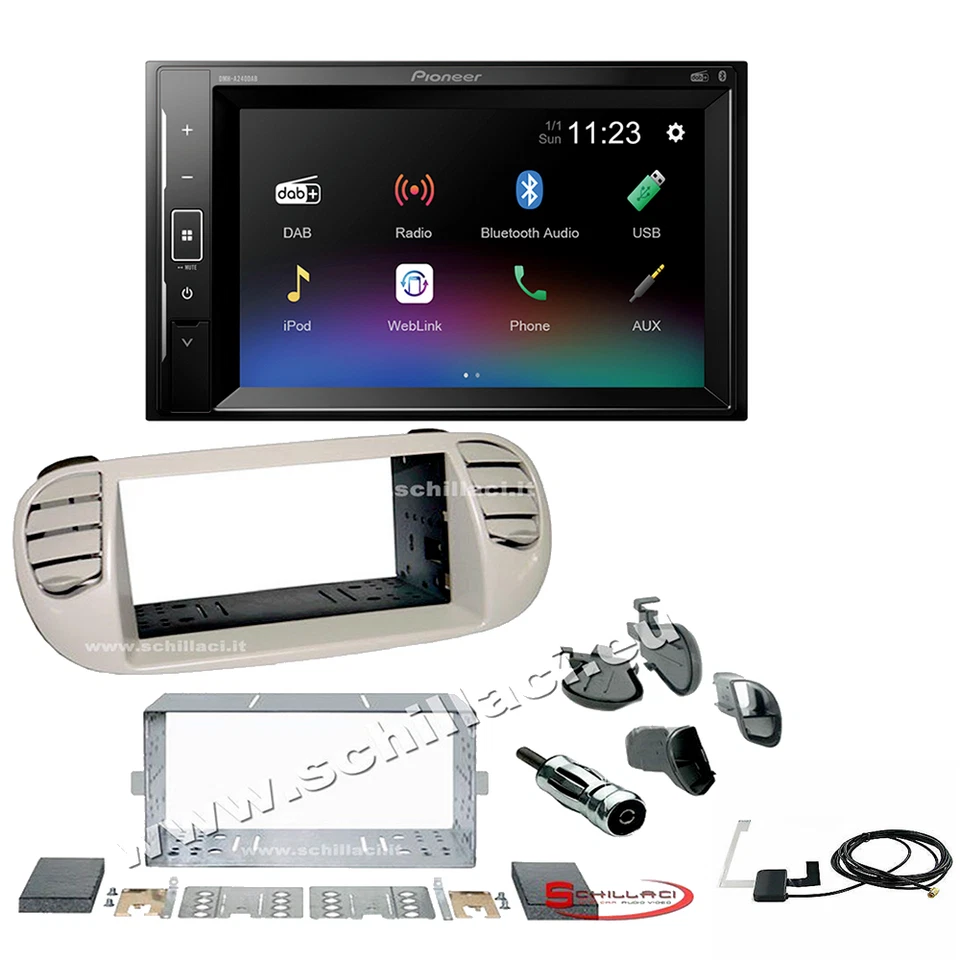 Autoradio Pioneer 2DIN DMH-A240DAB + kit mascherina Fiat 500 bianco av con bocch - Immagine 1 di 1