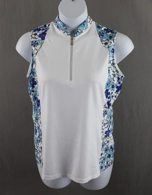 Blusa feminina cauda branca azul acabamento floral 1/4 zíper sem mangas GG - Imagem 1 de 4