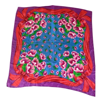 De Colección Oscar De La Renta Bufanda de Seda Rojo Vivo Patrón Floral Japón Accesorio Calle Foto 1 de 4
