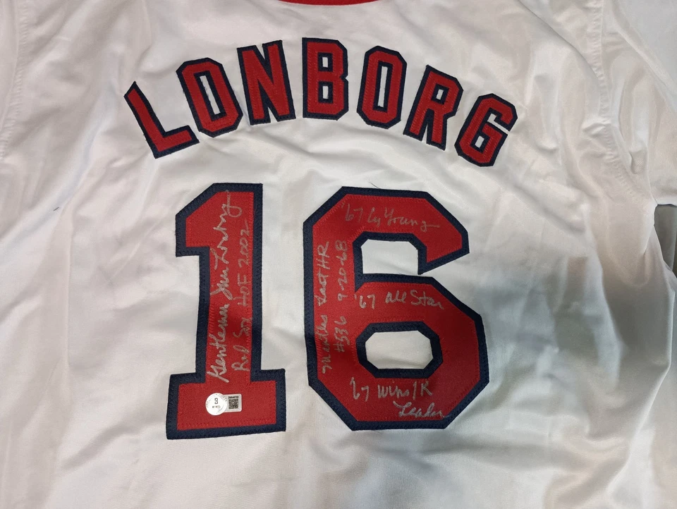 Jim Lonborg Boston Red Sox Firmado #16 CAMISETA ESTADÍSTICA XL 6 Inscripciones Beckett BAS Foto 1 de 4
