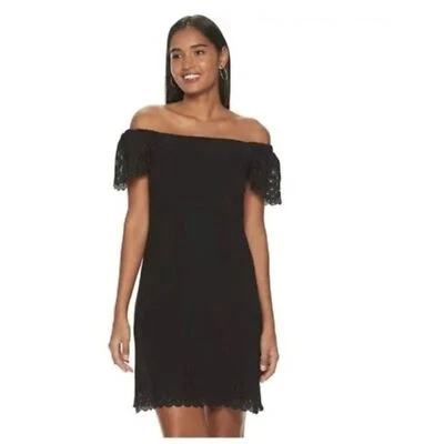 Vestido ELLE S Para Mujer Negro Festoneado Manga Corta Fuera del Hombro Corte Láser Cambio Foto 1 de 4