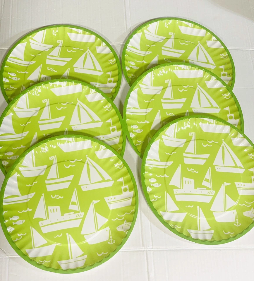 Max Studio Melamine 6 Plates Green With White Sail Boats 10.5” Dinner EUC - Image 1 of 4