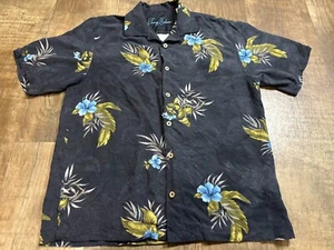 Tommy Bahama Mens L Button Shirt Large 100% Silk Hawaiian Black Floral Tropical - Picture 1 of 6