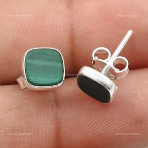 925 Silver Heart Chakra Square Malachite Gemstone Stud Bezel Earrings Jewelry - Picture 1 of 12