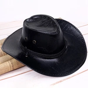 Faux Leather Mens Cowboy Hat, Black with Strap, Rope - Western Wide Brim - Picture 1 of 2