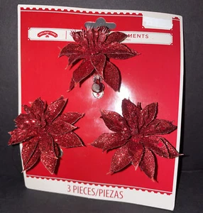 3 Pcs Artificial Glitter Poinsettia Christmas Flower Ornaments W/ Clips 2.5” Ea - Picture 1 of 3