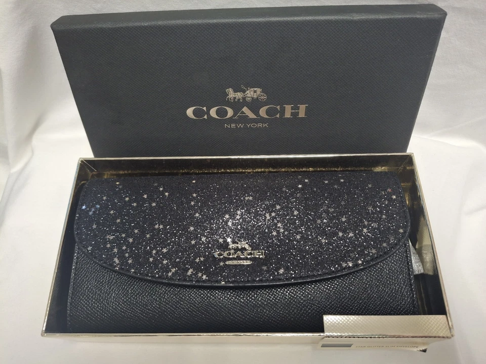 全新无标签 ~ Coach ~ Star 闪耀超薄信封钱包 ~ 黑色 ~ 皮革 ~ 大号 ~ F38692 ~ 全新带盒 — 第 1/4 张图片
