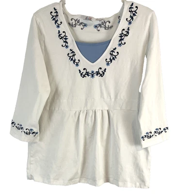 Camisa Denim & Co. Bordada Cuello en V Blanca Talla L Manga 3/4 Mujer XH9 Foto 1 de 4