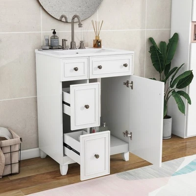 24-Inch Bathroom Vanity Cabinet with Ceramic Sink, 2 Drawers, 1 Door - Image 1 of 4