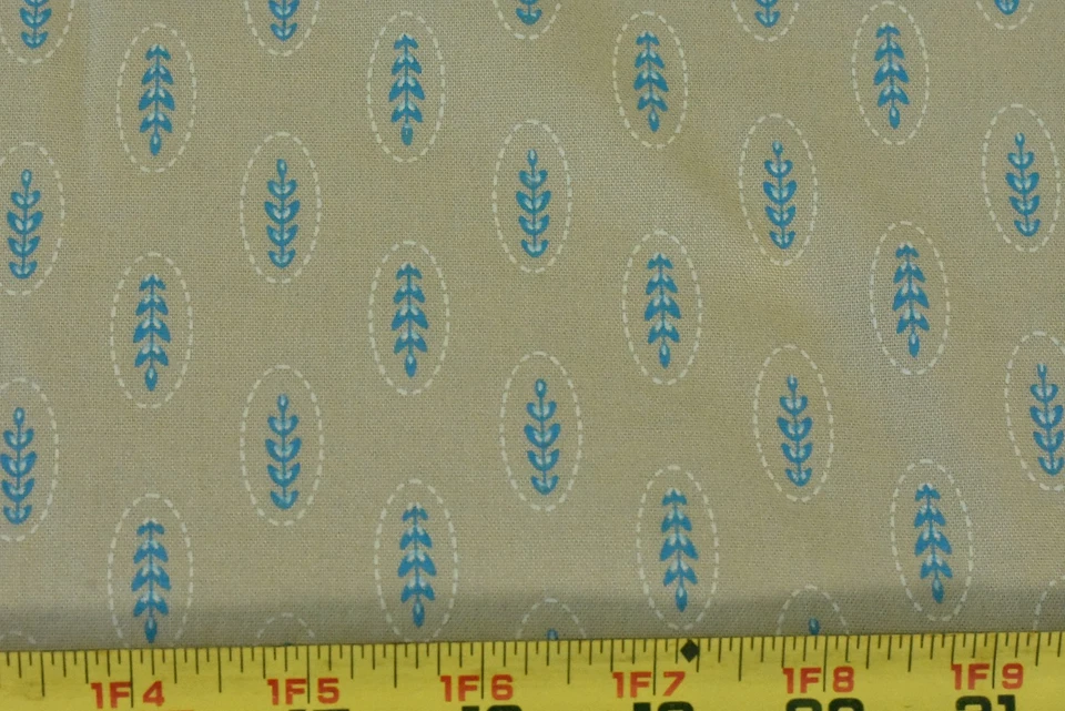 By 1/2 Yd, Blue Leaves on Tan Super-Combed-Cotton, Connecting Threads, V661 - Image 1 of 4